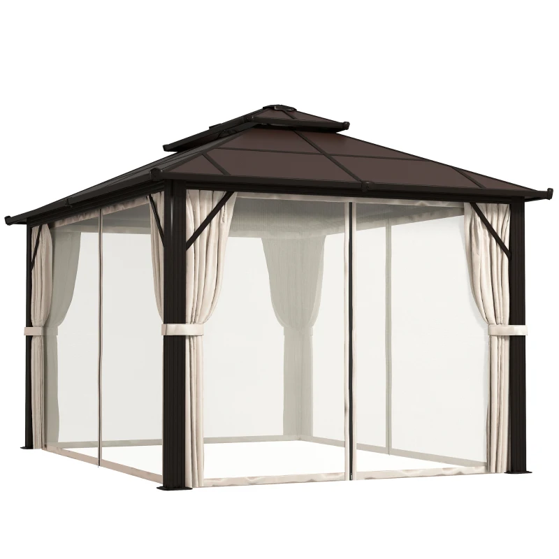 Best 3 x 4m Hardtop Gazebo Canopy with UPF30+ Double Polycarbonate Roof, Aluminium Frame Garden Gazebo Permanent Pavilion with Mosquito Netting and Curtains for Patio, Deck, Beige
