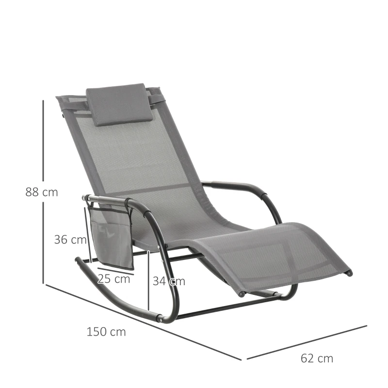 Best Outdoor Garden Rocking Chair, Patio Sun Lounger Rocker Chair with Breathable Mesh Fabric, Removable Headrest Pillow, Armrest, Side Storage Bag, Grey - Image 3