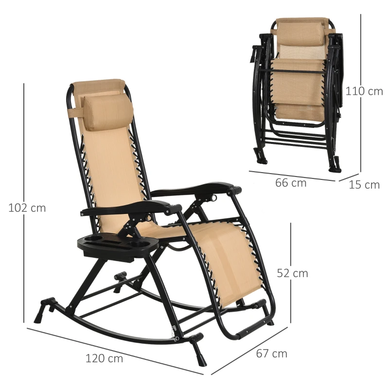Best Garden Rocking Chair Folding Recliner Outdoor Adjustable Sun Lounger Rocker Zero-Gravity Seat with Headrest Side Holder Patio Deck - Beige - Image 3