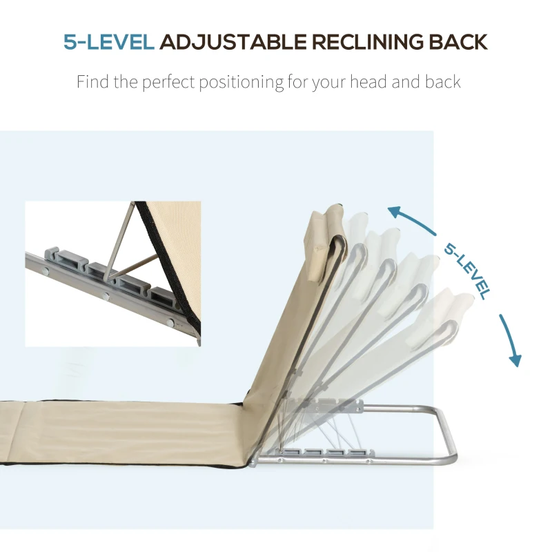 Best Set of 2 Foldable Garden Beach Chair Mat Lightweight Outdoor Sun Lounger Seats Adjustable Back Metal Frame PE Fabric Head Pillow w/ Carry Bag, Beige - Image 6