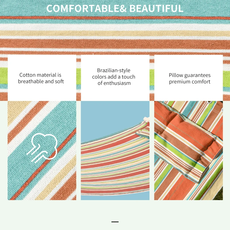 Best Outdoor Garden Hammock with Stand, Double Cotton Hammock with Adjustable Steel Frame, Swing Hanging Bed with Pillow, for Garden, Patio, Beach, Red Stripes - Image 5