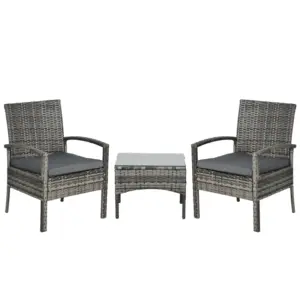 Best 3 Pieces Rattan Bistro Set, Wicker Garden Furniture Set with Glass Top Coffee Table and Chairs, Washable Cushions for Outdoor, Patio, Balcony, Mixed Grey