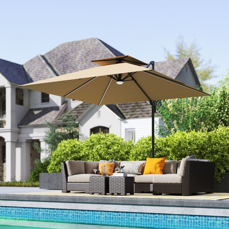 Best 2.5m Cantilever Parasol with Solar Powered LED Lights, 360° Rotation, Tilt Adjustment, Crank Handle, Khaki - Image 10
