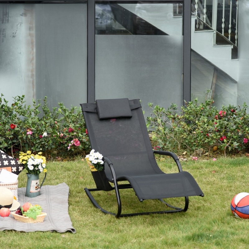 Best Outdoor Garden Rocking Chair, Patio Sun Lounger Rocker Chair with Breathable Mesh Fabric, Removable Headrest Pillow, Armrest, Side Storage Bag, Black - Image 9