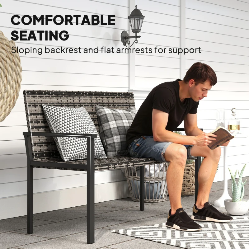 Best 2 Seater Rattan Garden Bench, Outdoor Bench with Quick-Drying Cotton Padding, Wicker Garden Loveseat with Armrests, Steel Frame for Patio, Park, Mixed Grey - Image 7