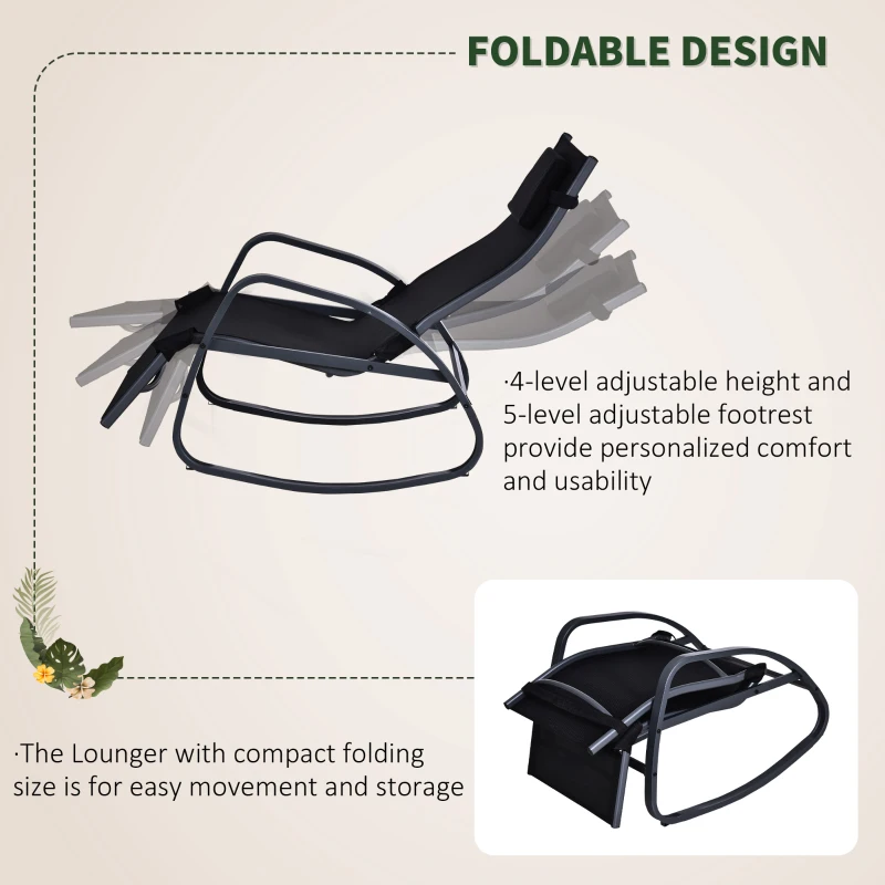 Best Garden Rocking Chair with 5-Level Adjustable Backrest, Rocking Sun Lounger with Removeable Headrest Pillow, Footrest, Armrest and Safety Stopper, Black - Image 5