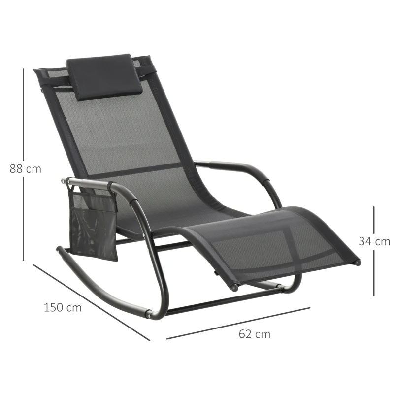 Best Outdoor Garden Rocking Chair, Patio Sun Lounger Rocker Chair with Breathable Mesh Fabric, Removable Headrest Pillow, Armrest, Side Storage Bag, Black - Image 3