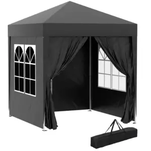 Best 2 x 2 m Garden Pop Up Gazebo, Wedding Party Tent Marquee, Water Resistant Awning Canopy with Sidewalls, Windows, Carry Bag, Black