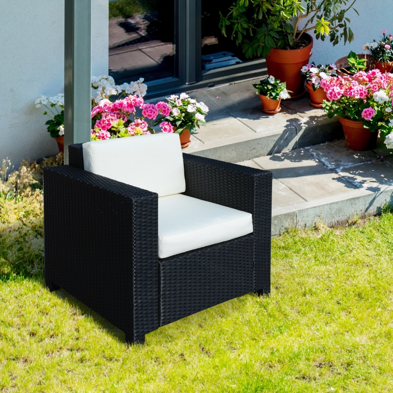 Best Single Seater Rattan Chair Sofa with 10 cm Thick Padded Cushion, All-Weather PE Wicker Weave Garden Armchair with Armrests, Black - Image 11