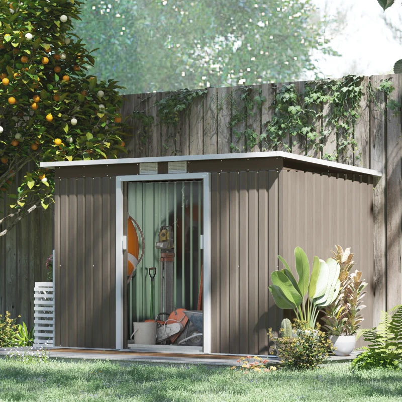 Best 9ft x 4ft Metal Garden Shed, Outdoor Tool House with Foundation Kit, Ventilations and Double Doors, Light Grey Wood Grain - Image 2