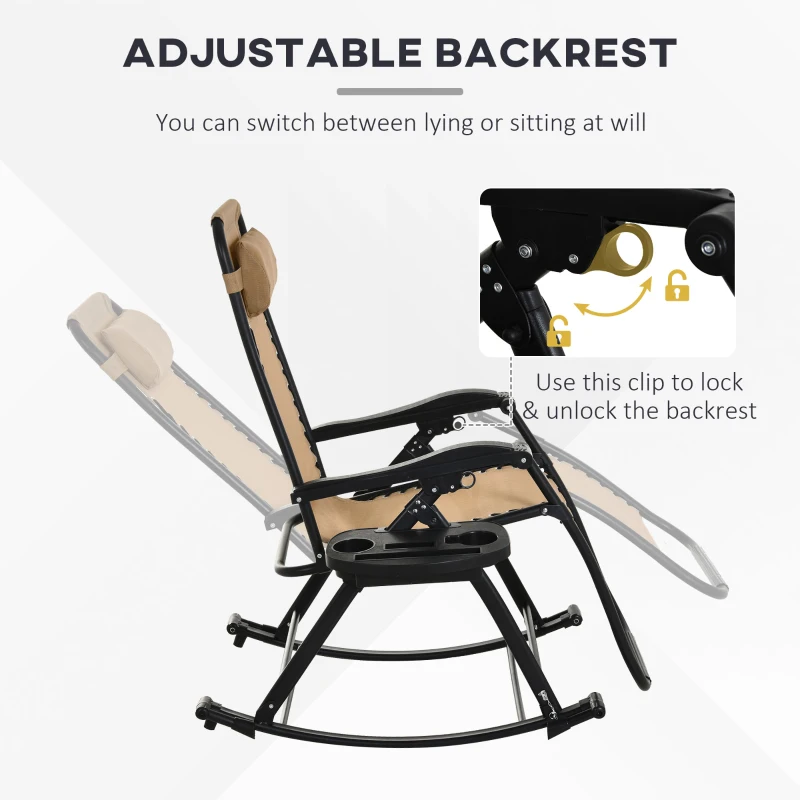 Best Garden Rocking Chair Folding Recliner Outdoor Adjustable Sun Lounger Rocker Zero-Gravity Seat with Headrest Side Holder Patio Deck - Beige - Image 7