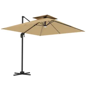 Best 2.5m Cantilever Parasol with Solar Powered LED Lights, 360° Rotation, Tilt Adjustment, Crank Handle, Khaki