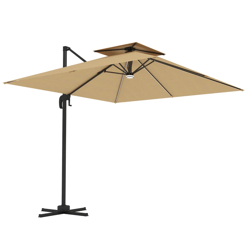Best 2.5m Cantilever Parasol with Solar Powered LED Lights, 360° Rotation, Tilt Adjustment, Crank Handle, Khaki