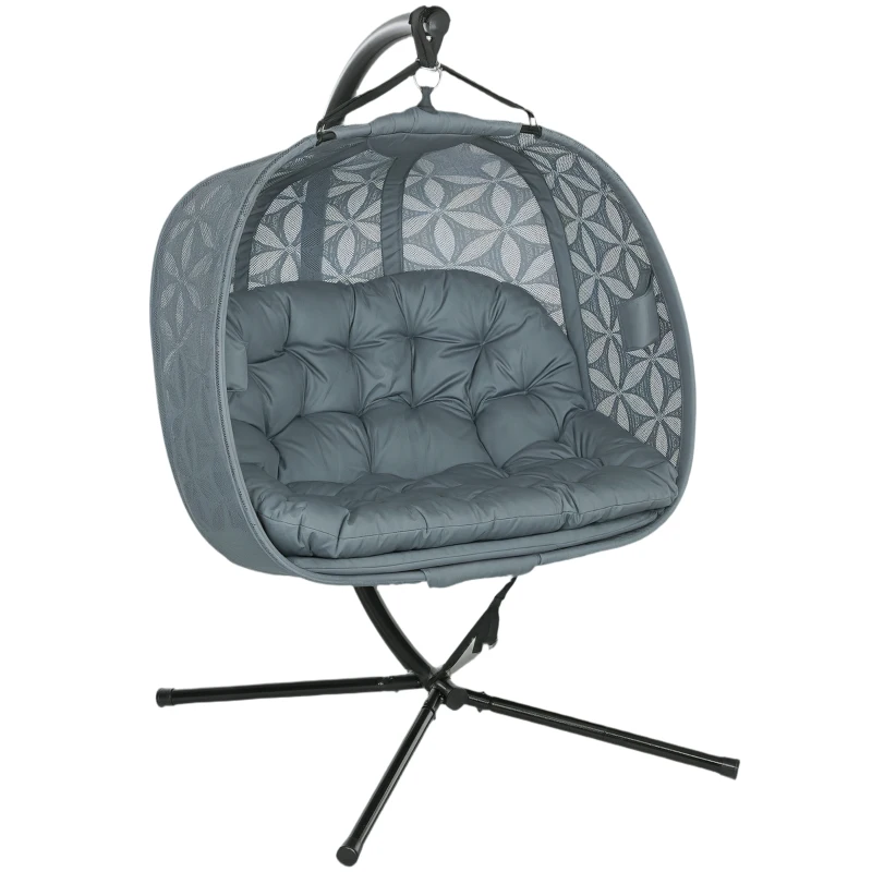 Best Outdoor Double Hanging Chair with Cushion and Cup Holders, Charcoal Grey