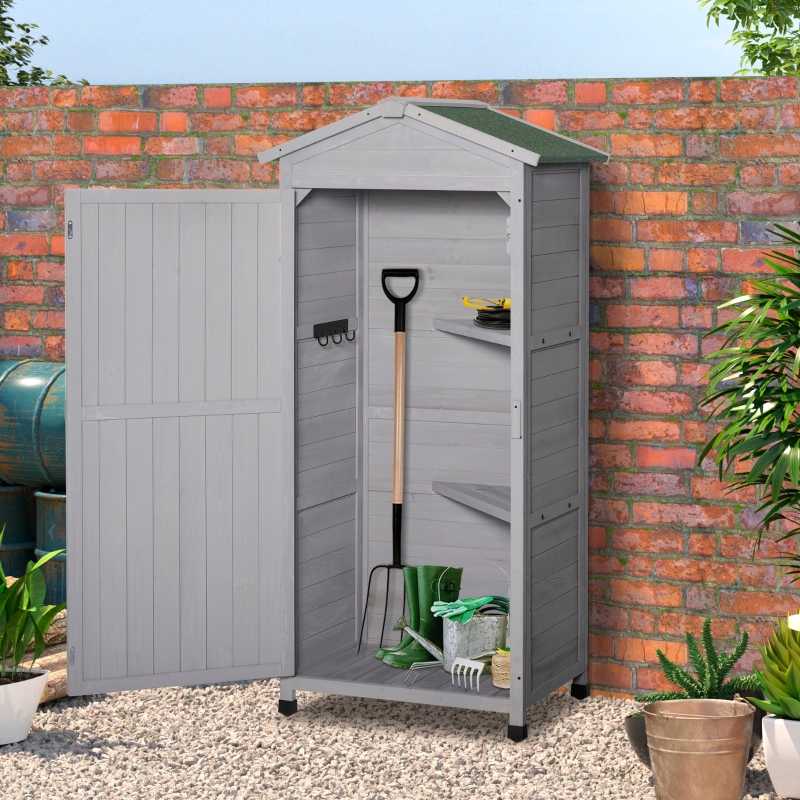 Best Wooden Garden Shed, Outdoor Storage Cabinet with 2 Shelves and Hooks, Locking Organiser Outdoor Narrow Tool House, 74x55x155cm, Grey - Image 9