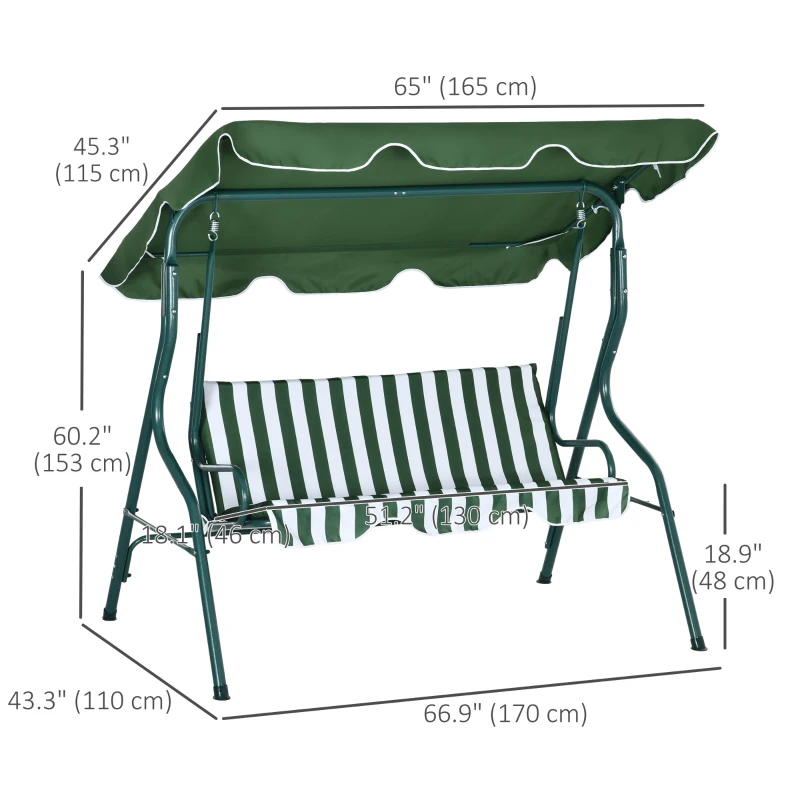 Best 3 Seater Garden Swing Seat Chair Outdoor Bench with Adjustable Canopy and Metal Frame, Green Stripes - Image 3
