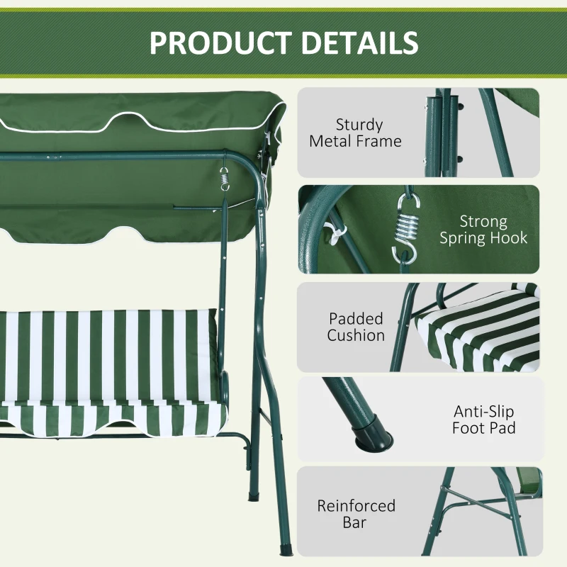 Best 3 Seater Garden Swing Seat Chair Outdoor Bench with Adjustable Canopy and Metal Frame, Green Stripes - Image 5