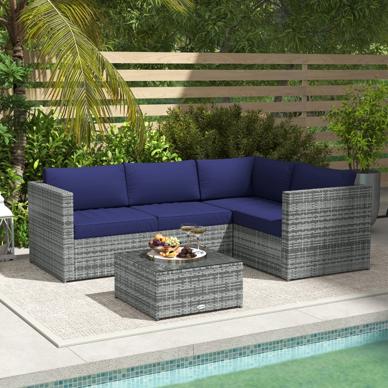 Best 3 Pieces PE Rattan Garden Furniture Set with 10 cm Thick Cushions, 4 Seater Garden Corner Sofa Set with Glass Top Coffee Table, Outdoor Furniture for Patio, Porch, Blue - Image 7