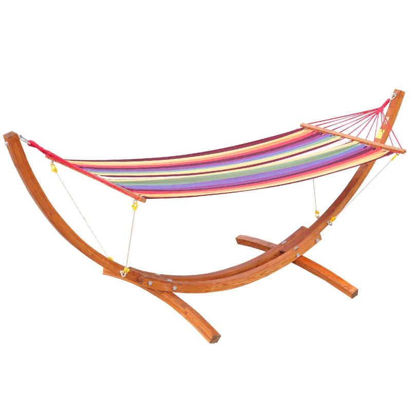 Best Outdoor Hammock with Stand, Free Standing Hammock with Arc Wooden Frame and 200 x 100cm Fabric, Garden Swing Hanging Bed with Safe Ropes, Multicolour