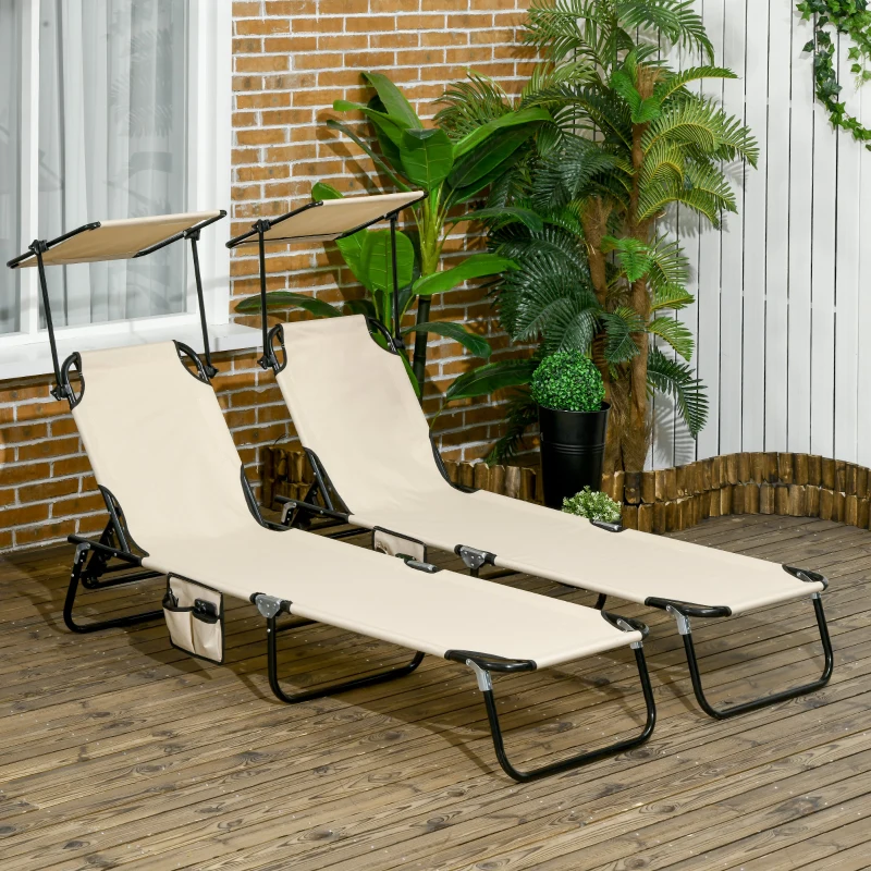 Best 2 Piece Folding Sun Loungers with Canopy, Adjustable Recliner Garden Chairs with Side Pocket, Steel Frame and Breathable Mesh for Outdoor, Pool, Beach, Garden, Tan Brown - Image 2