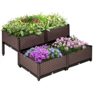 Best 50cm x 50cm x 46.5cm Set of 4 41L Garden Raised Bed Kit, PP DIY Elevated Planter Box, Flower Vegetables Planting Container with Self-Watering Design and Drainage Holes