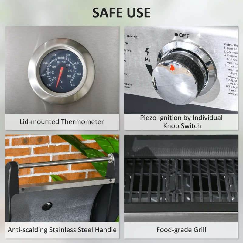 Best Gas Barbecue Grill 3+1 Burner Garden Smoker BBQ Trolley w/ Side Burner Warming Rack Side Shelves Storage Cabinet Piezo Ignition Thermometer Stainless Steel + Metal - Image 6