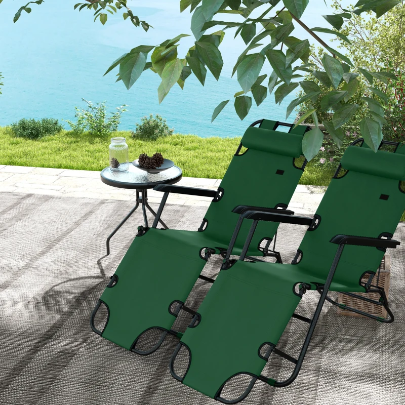 Best 2 Pack 2 in 1 Sun Lounger Folding Reclining Chairs Garden Outdoor Camping Adjustable Back with Pillow, Green - Image 2