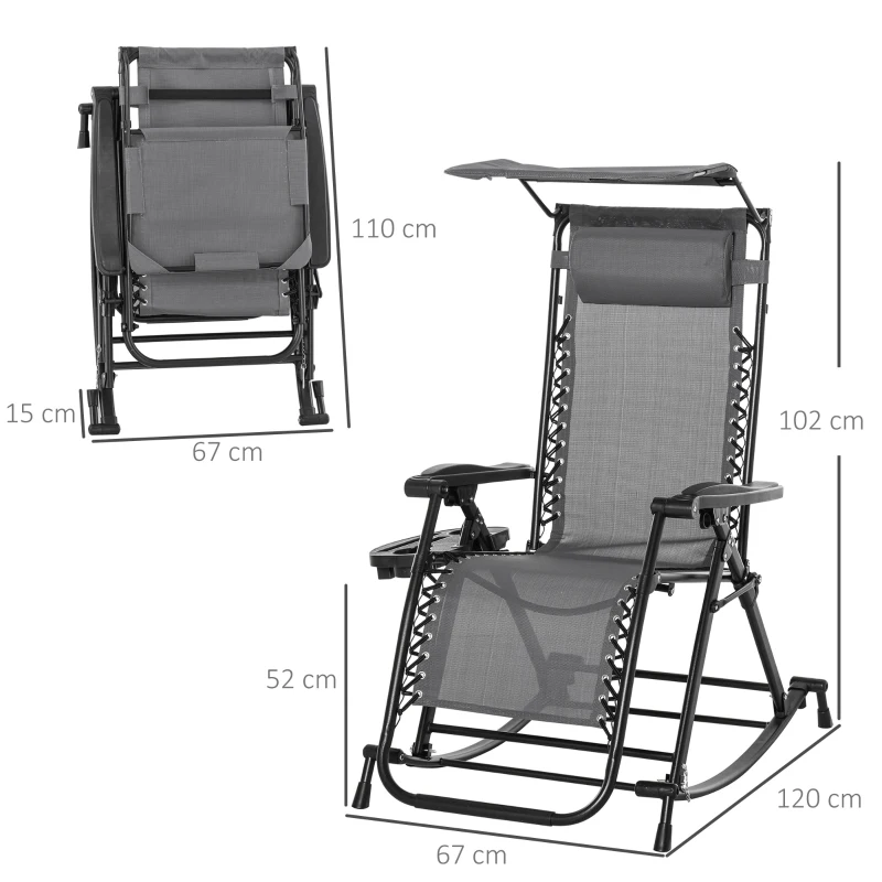 Best Garden Rocking Chair Folding Recliner Outdoor Adjustable Sun Lounger Rocker Zero-Gravity Seat with Headrest Side Holder Patio Deck - Grey - Image 3
