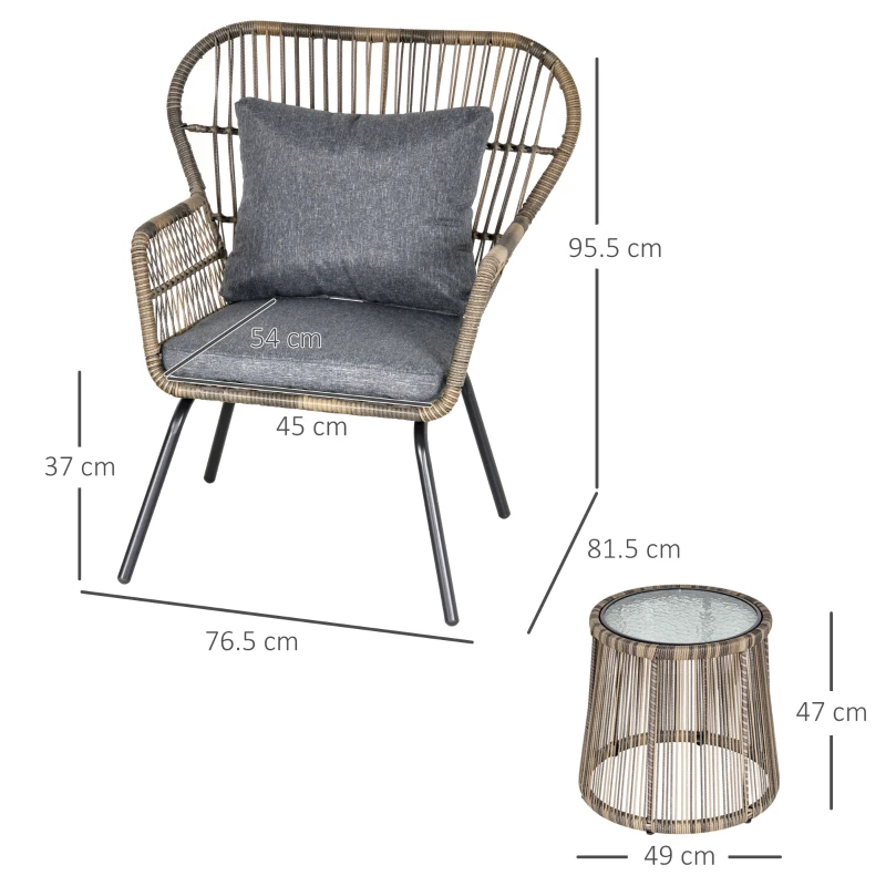 Best 3 Pieces Rattan Bistro Set, Wicker Garden Furniture Set with Cushions, Glass Top Coffee Table and Chairs for Outdoor, Patio, Balcony, Grey - Image 3