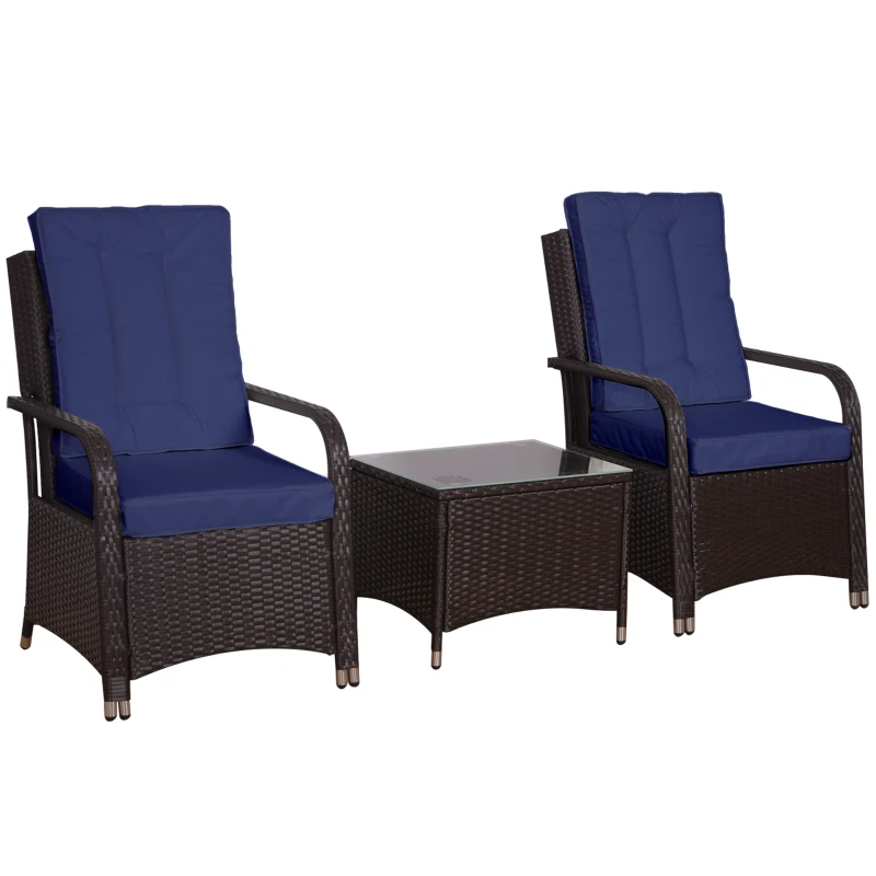 Best 3 Pieces Rattan Bistro Set with Furniture Cover, Wicker Garden Furniture Set, Glass Top Coffee Table and Chairs with Cushions for Outdoor, Patio, Balcony, Dark Blue