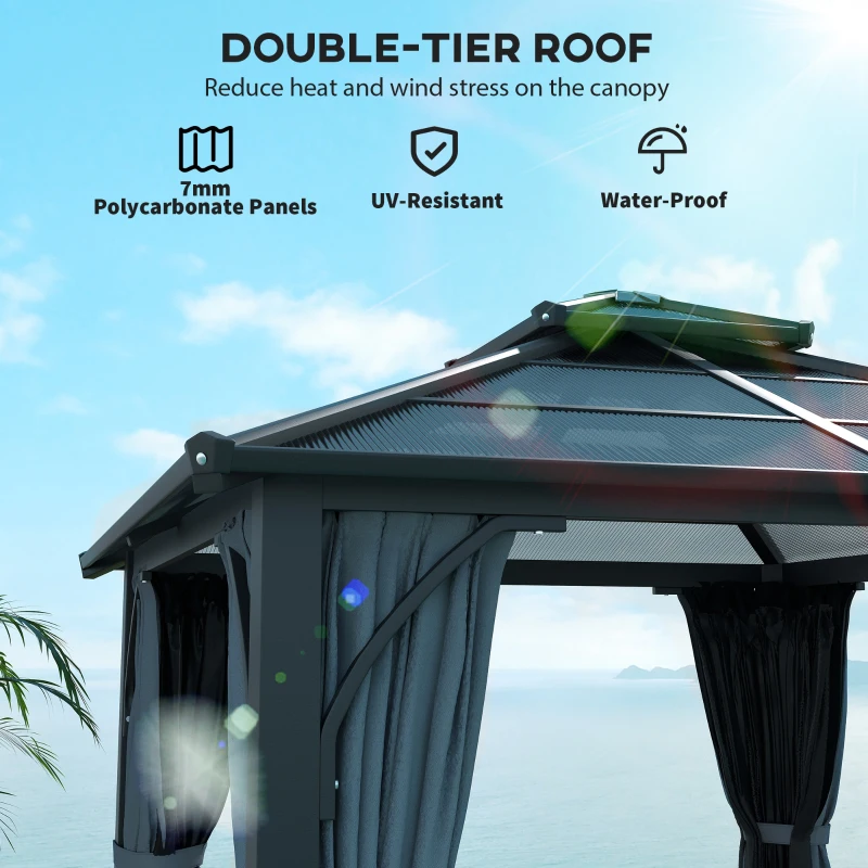 Best 3 x 3(m) Hardtop Gazebo Canopy with 7mm Double Polycarbonate Roof, Garden Gazebo Permanent Pavilion with Mosquito Netting and Curtains for Patio, Deck, Dark Grey - Image 4