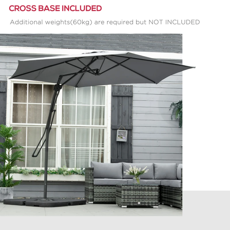 Best 3m Cantilever Parasol with Easy Lever, Patio Umbrella with Crank Handle, Cross Base and 6 Metal Ribs, Outdoor Sun Shades for Garden, Grey - Image 6
