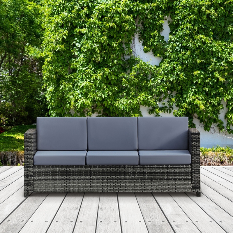 Best 3 Seater All Weather Outdoor Sofa, Garden Rattan Sofa with Cushions and Mental Frame, Grey - Image 12