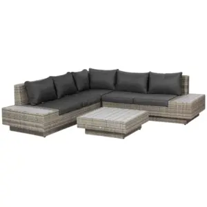 Best 4 PCs Rattan Garden Furniture Outdoor Sectional Corner Sofa and Coffee Table Set Conservatory Wicker Weave Furniture with Armrest and Cushions - Light Grey