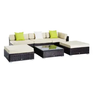 Best 6 PC Rattan Sofa Coffee Table Set Sectional Wicker Weave Furniture for Garden Outdoor Conservatory w/ Pillow Cushion Brown