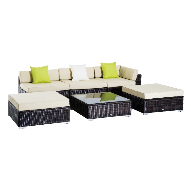 Best 6 PC Rattan Sofa Coffee Table Set Sectional Wicker Weave Furniture for Garden Outdoor Conservatory w/ Pillow Cushion Brown