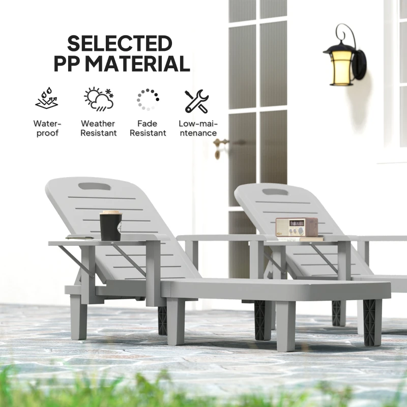 Best Set of 2 Resin Reclining Sun Loungers for Garden, 5 Positions Adjustable Outdoor Chaise Lounge Chairs with Wood Texture Surface, Armrests, Foldable Side Table for Garden, Beach, Light Grey - Image 6