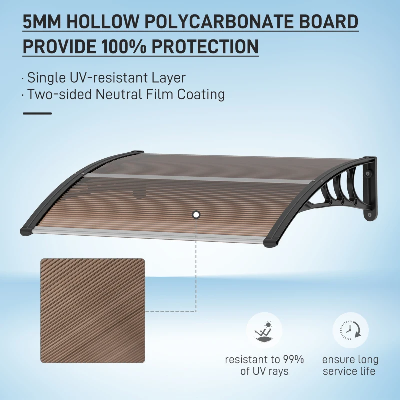 Best Front Door Canopy Outdoor Awning Aluminium Rigid Plastic Polycarbonate Rain Shelter UV Water Rain Resistant 100 x 75cm Brown - Image 4