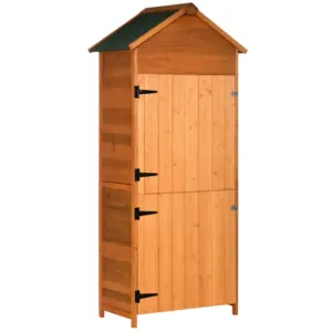 Best Wooden Outdoor Storage Shed, Compact Utility Outdoor Tool Shed with Lockable Double Doors and Shelves, Orange