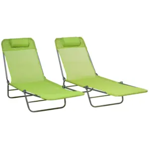 Best Folding Sun Lounger Set of 2, Outdoor Day Beds with Pillow, Reclining Back, Steel Frame and Breathable Mesh for Beach, Yard, Patio, Green