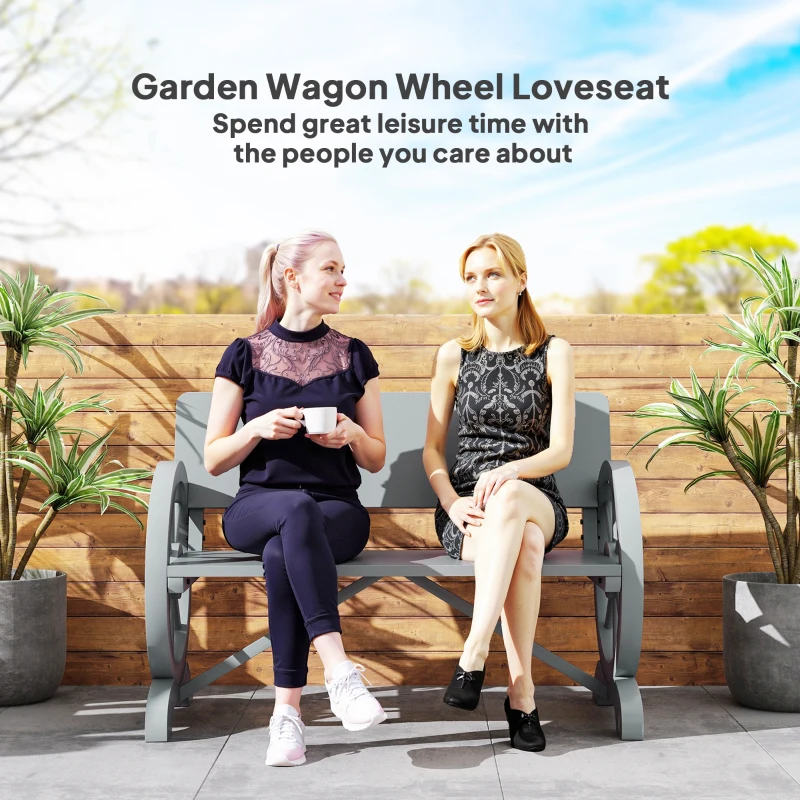 Best Fir Wood 2-Seater Outdoor Garden Wagon Wheel Bench, Grey - Image 7