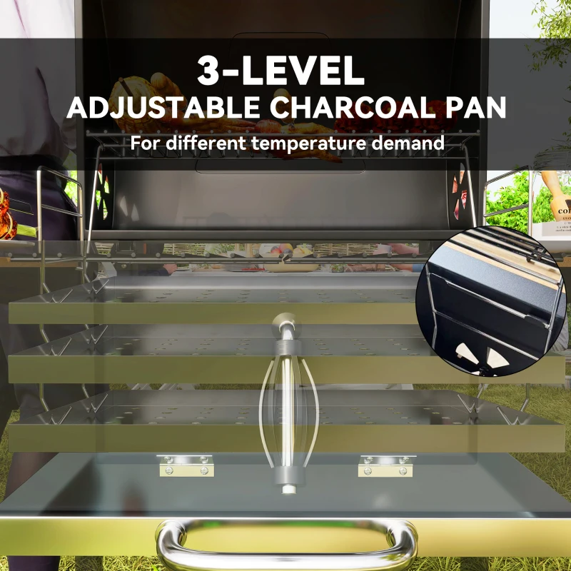 Best Charcoal BBQ Grill with Height Adjustable Charcoal Pan, Portable Barbecue Smoker with Warming Rack, 3 Shelves, Temperature Gauge, Wheels, Bottle Opener for Outdoor Cooking Garden Party - Image 5