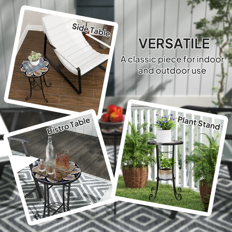 Best Mosaic Garden Table, 35.5 cm Round Outdoor Table with Shelf, Ceramic Tile Top, Small Garden Side Table Bistro Table End Table Plant Stand for Indoor, Patio, Balcony, Orange - Image 7