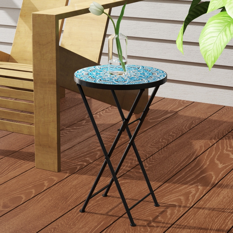 Best Mosaic Outdoor Garden Table, 35.5cm Round Folding Coffee Table with Metal Frame for Balcony Terrace, Blue - Image 9