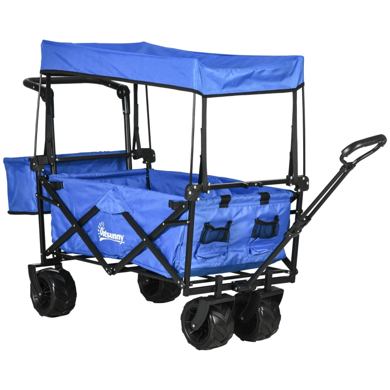 Best Folding Trolley Cart Storage Wagon Beach Trailer 4 Wheels with Handle Overhead Canopy Cart Push Pull for Camping, Blue - Image 11