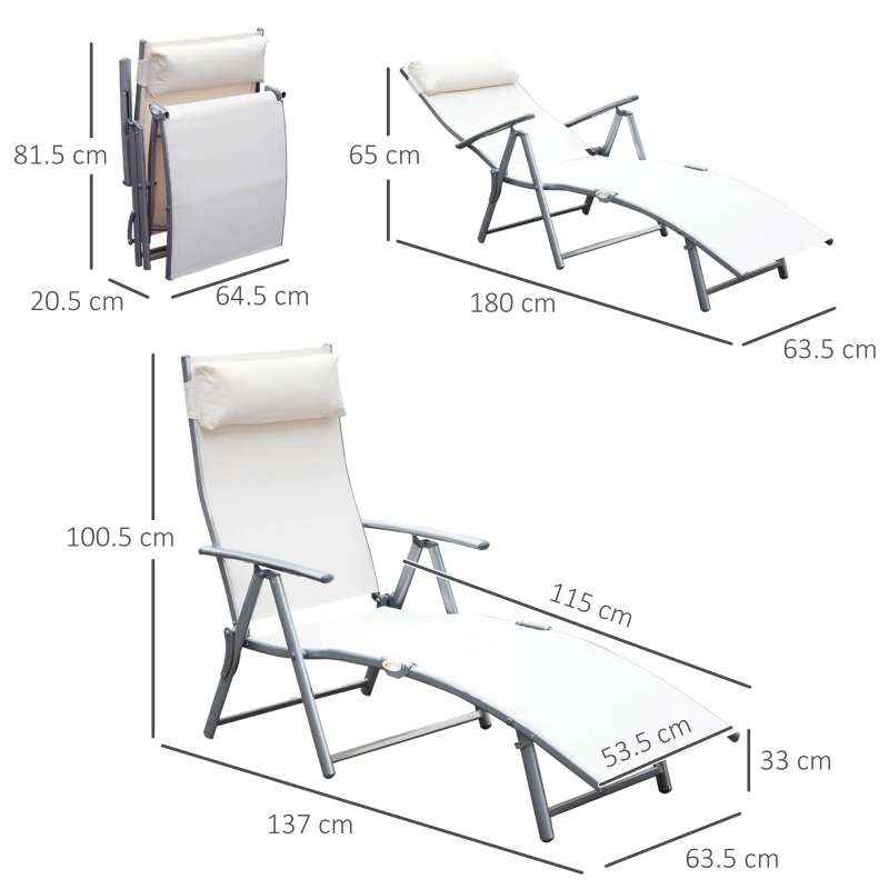 Best Sun Lounger Steel Frame Outdoor Folding Chaise Texteline Lounge Chair Recliner with Headrest & 7 Levels Adjustable Backrest, Cream White - Image 3