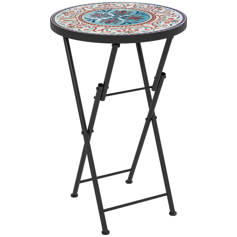 Best Mosaic Outdoor Garden Table, 35.5cm Round Folding Coffee Table with Metal Frame for Balcony Terrace, Multicolour - Image 11