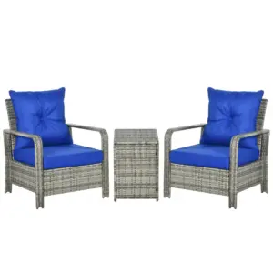 Best 3 Pieces Rattan Bistro Set, Wicker Garden Furniture Set with Storage Coffee Table and Chairs, Thickened Cushions for Outdoor, Patio, Balcony, Blue