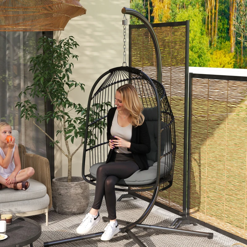 Best Hanging Egg Chair, Foldable Rattan Garden Swing Chair with Installation Kit, Thickened Cushion and Headrest, Indoor Outdoor Hanging Egg Basket Seat for Patio, Porch, Dark Grey - Image 2