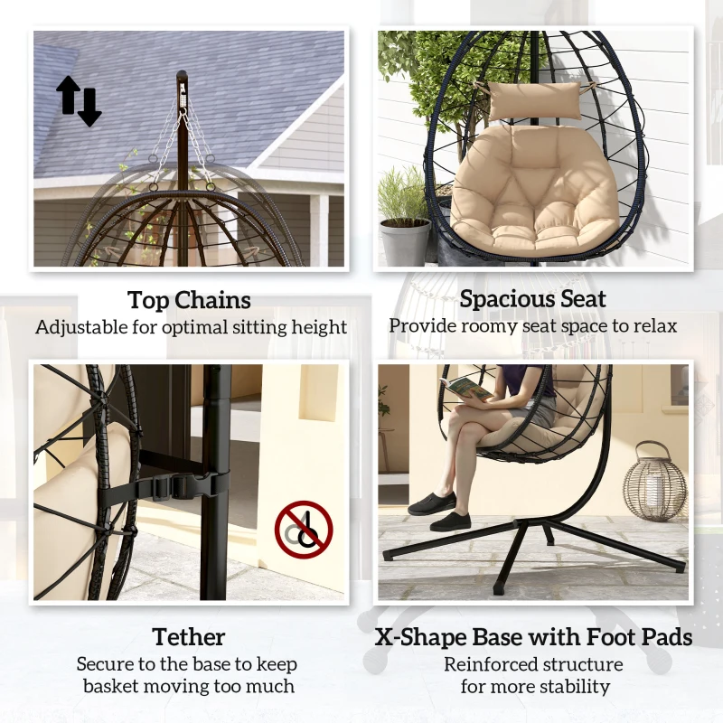Best Hanging Egg Chair Outdoor Indoor Garden Swing Chair with Folding Basket, Thickened Cushion, Garden Hanging Chair with Stand, Headrest for Patio, Balcony, Khaki - Image 7